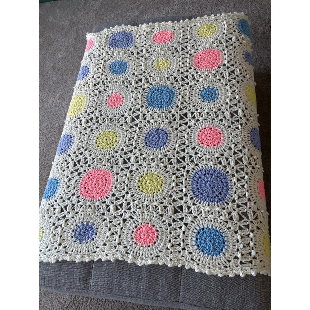 Vintage Handmade Crochet Throw Blanket Pastel Polka Dot Lace Cream Multi Color